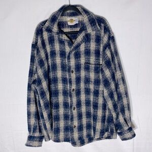 Vintage 90s Earth Ragz Blue Cream Plaid Oversized Lng Sleeve Button Up XL Grunge